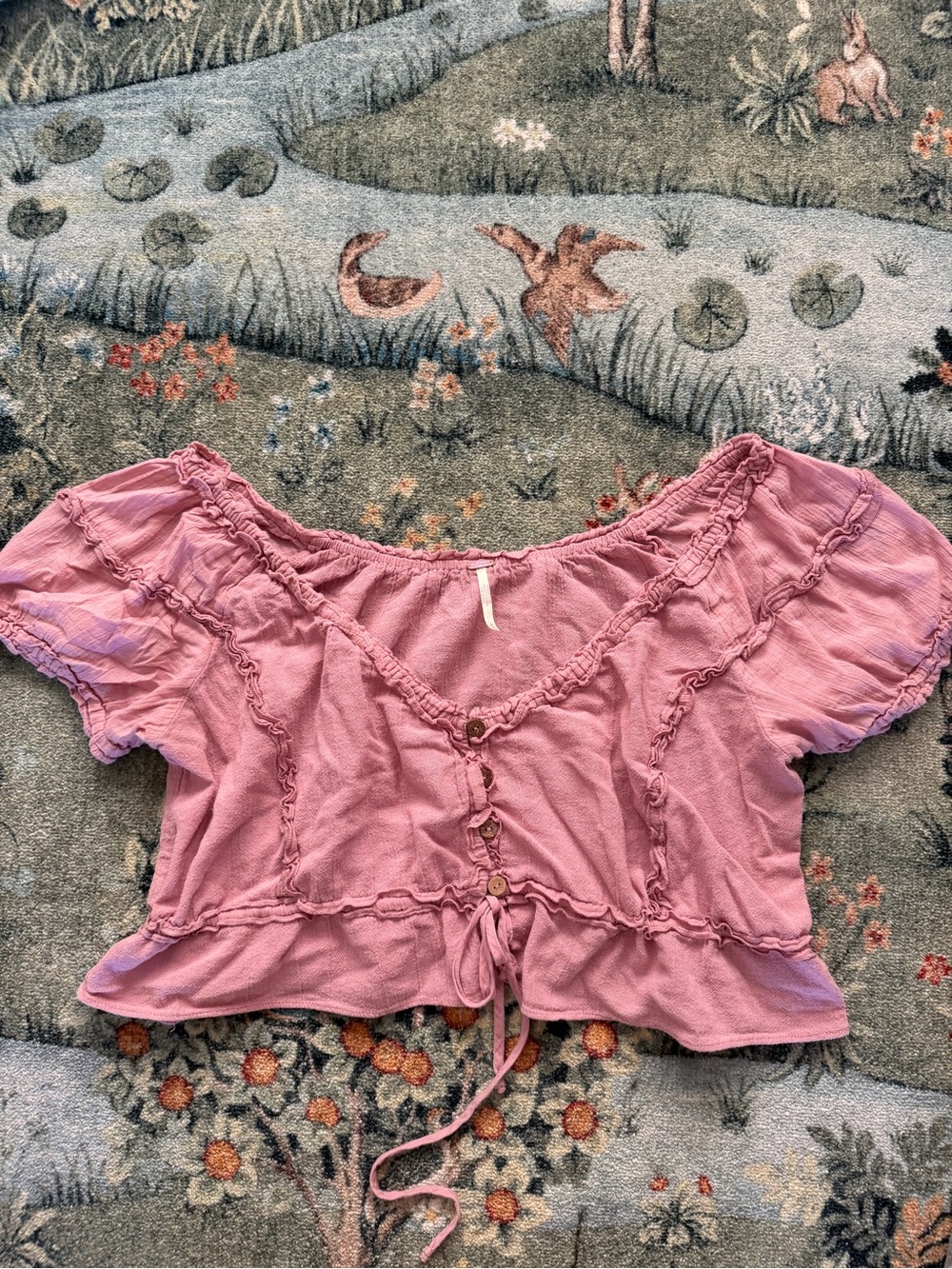 Free People Rose Pink Ruffle Peasant Top, Puff Sleeve, 100% Cotton Size Medium